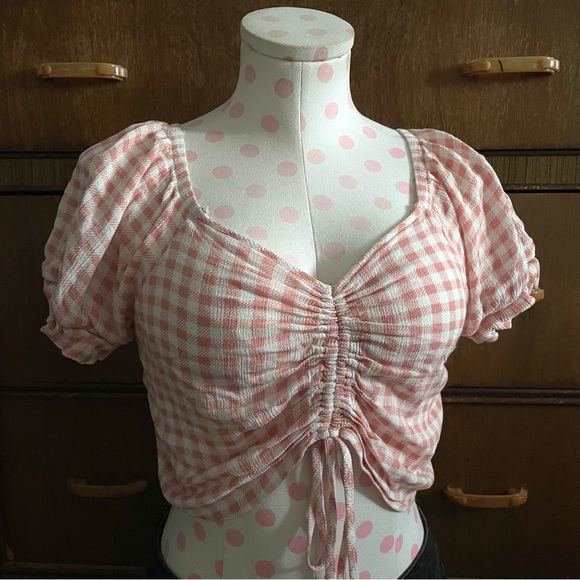 Pink Rose Tops - Gingham Blouse Crop Top